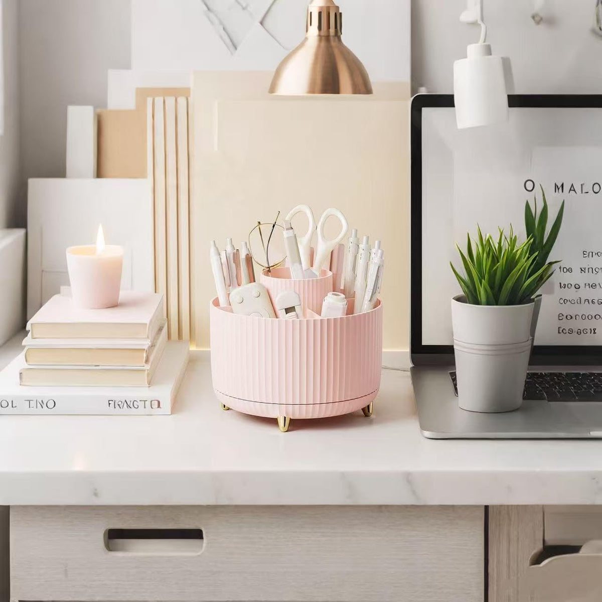 360 Degree Rotating Desktop Organizer,Makeup Brushes,Pencils,Desktop Stationery Storage Rotating Rack,Premium Plastic Organizer for Office,School and Home (Pink)
