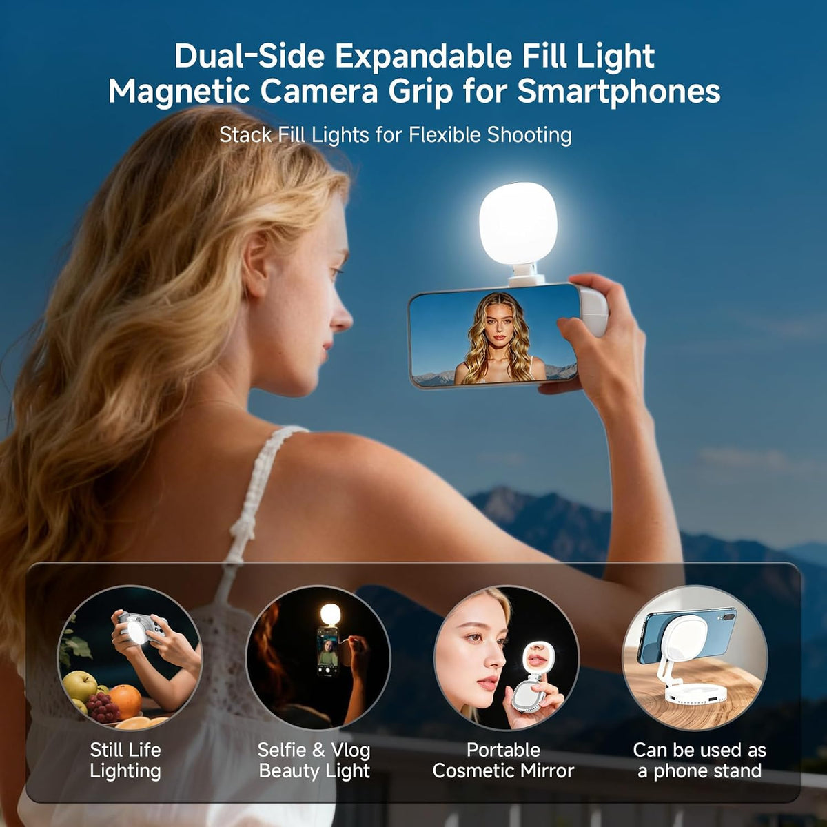 Magnetic Selfie Light & Phone Camera Grip with Detachable Wireless Shutter, Ergonomic Fun Shot Grip for Iphone & Android, Supports Native Camera, Tripod Mount, Portable Creator Kit