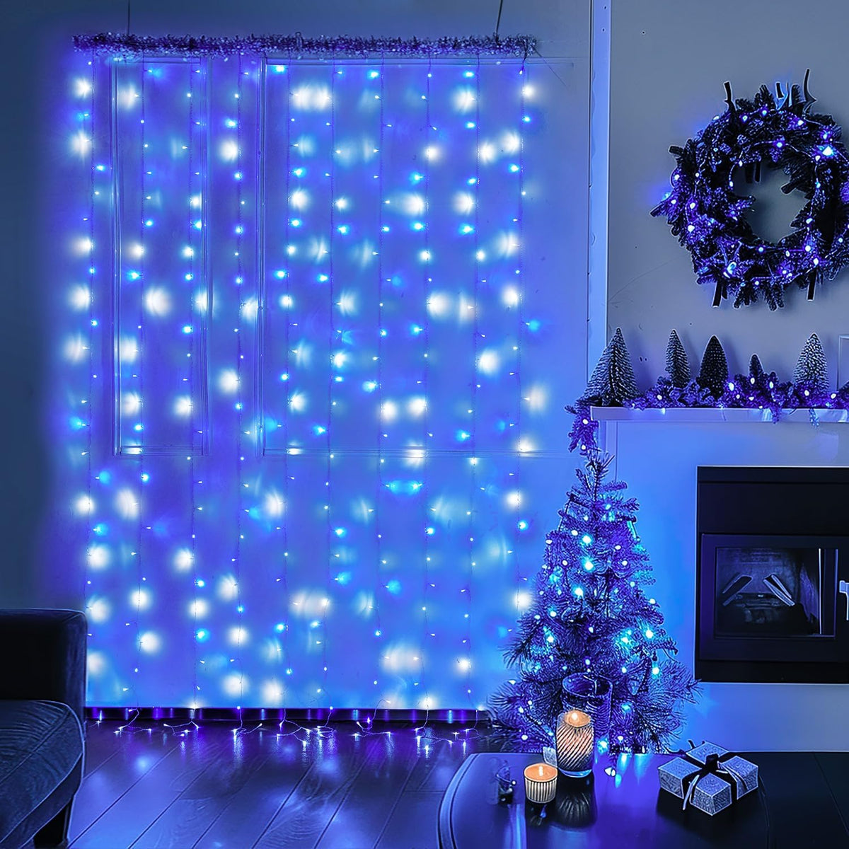 300LED Christmas Curtain Lights Plug In, Blue and White, 9.8X9.8Ft