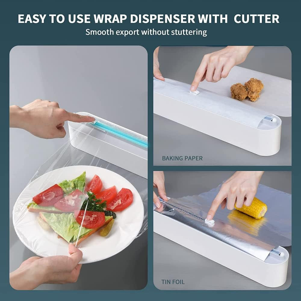 Refillable Magnetic Plastic Wrap Dispenser with Slide Cutter, Sturdy Food Cling Film Cutter, Press and Seal Wrap, 12" X 328' Roll BPA Free