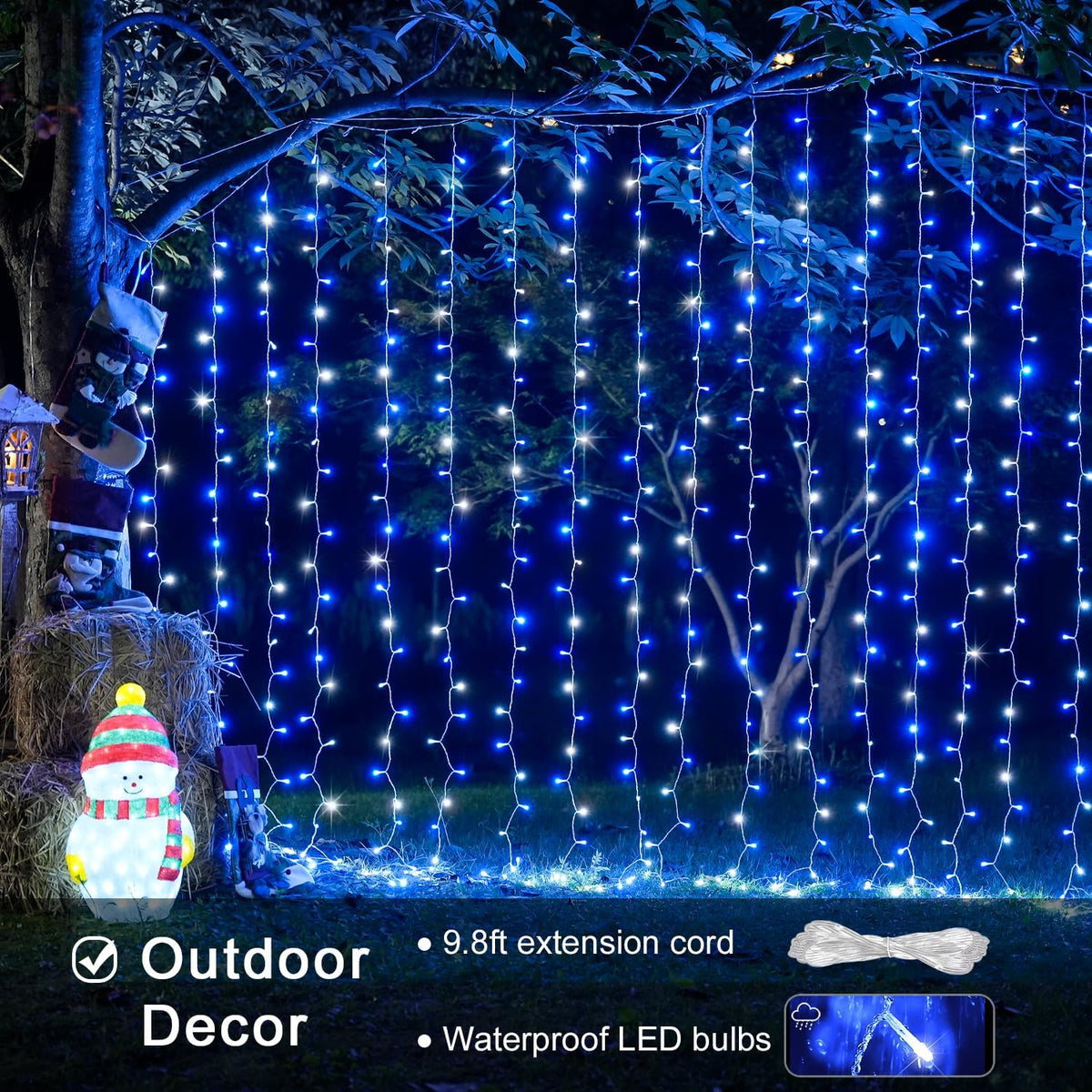 300LED Christmas Curtain Lights Plug In, Blue and White, 9.8X9.8Ft