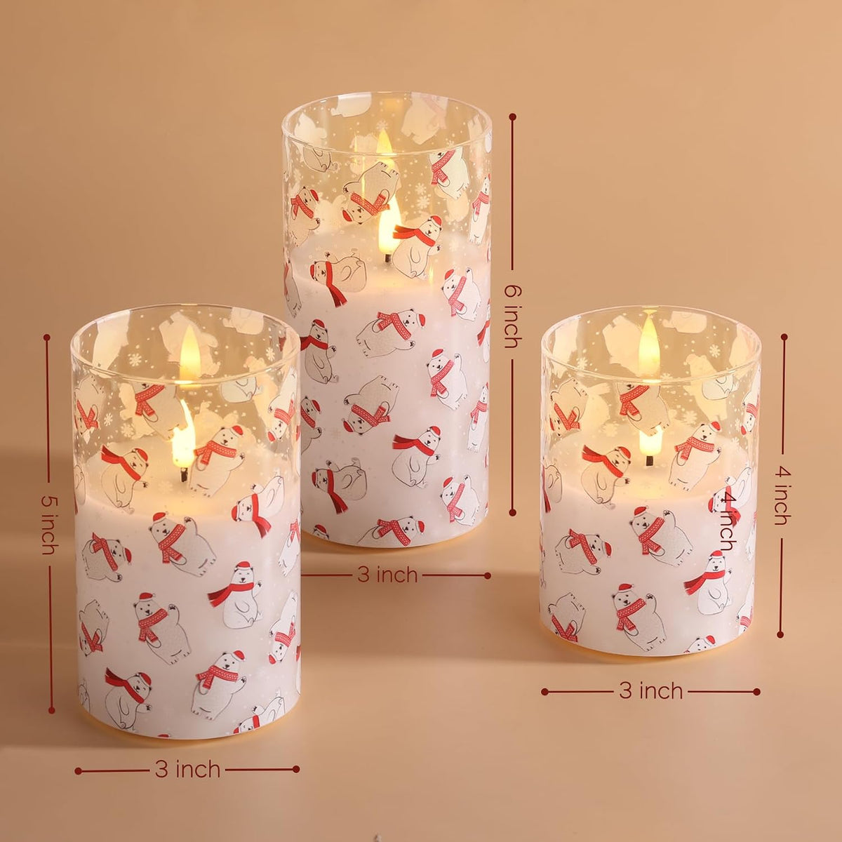 Bear Christmas Glass Flameless Pillar Candles with Remote Set of 3