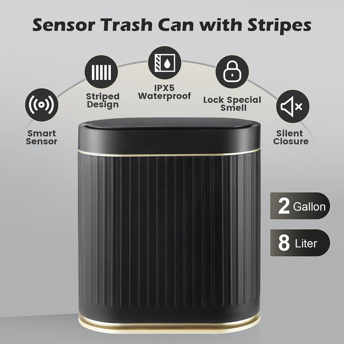 SYNCVIBE Bathroom Sensor Trash Can with Lid, 2 Gallon, Black Gold