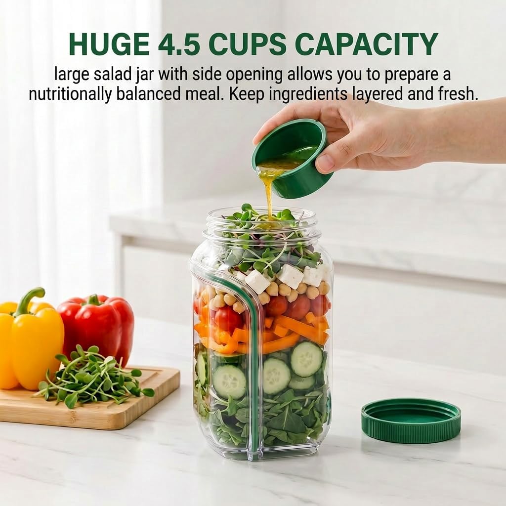 Large Salad Jar with Side Opening, 35oz Leakproof Salad Pod with Dressing Cup, Portable BPA-Free Container for On-the-Go Meal Prep,Office, Gym & Camping, Easy to Clean & Dishwasher Safe