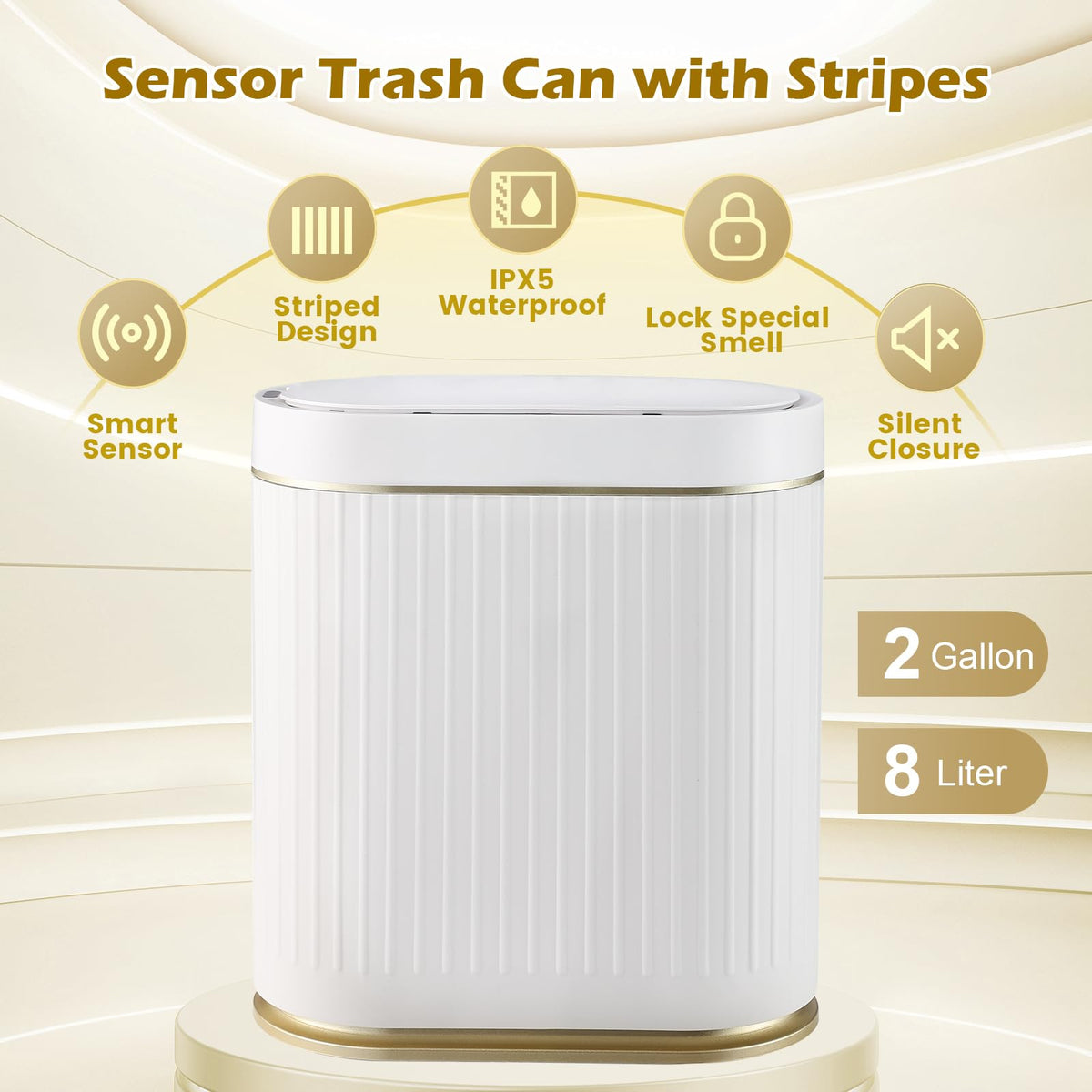 SYNCVIBE Bathroom Sensor Trash Can with Lid, 2 Gallon, Black Gold