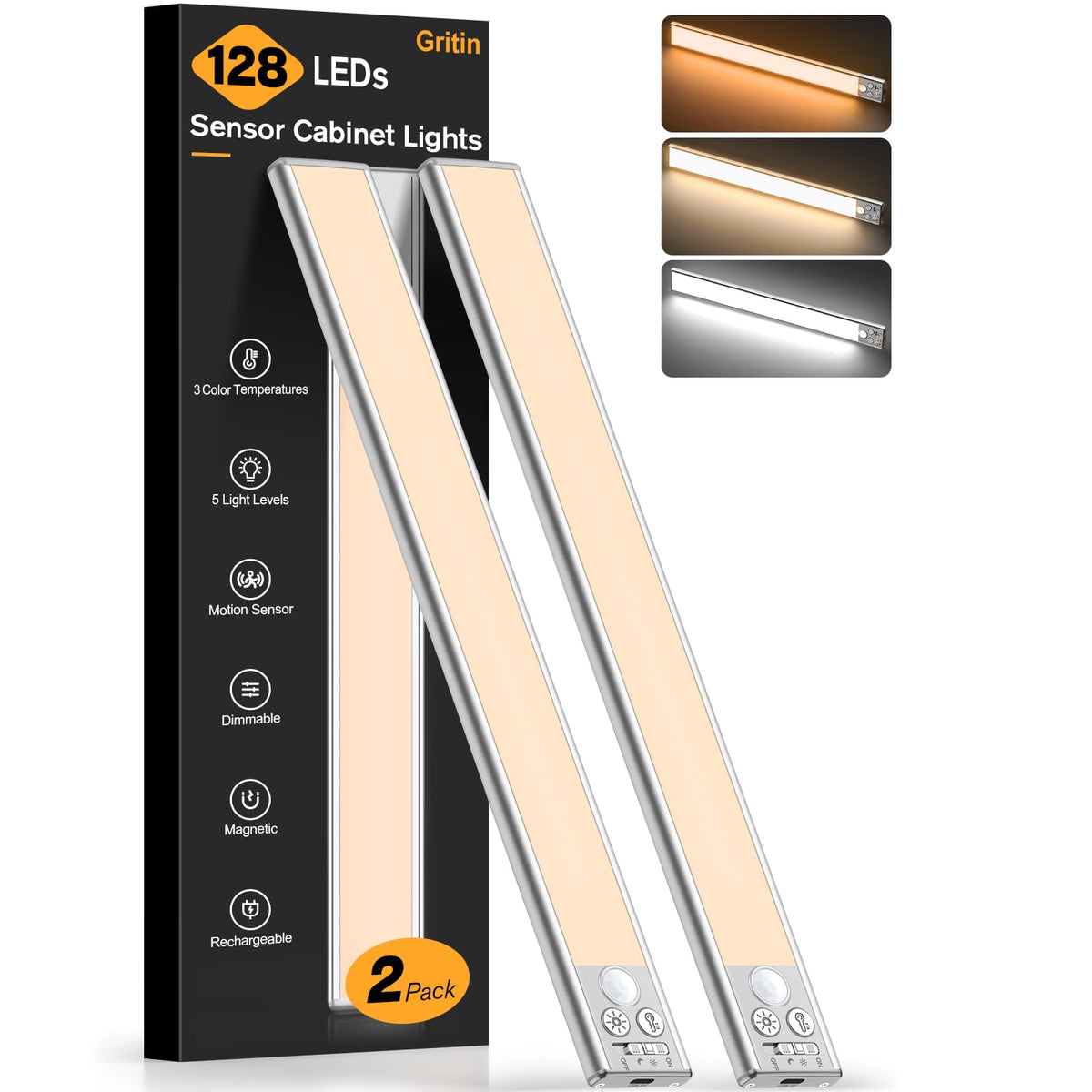Gritin 10.2inch Under Cabinet Lighting Rechargeable 2 Pack