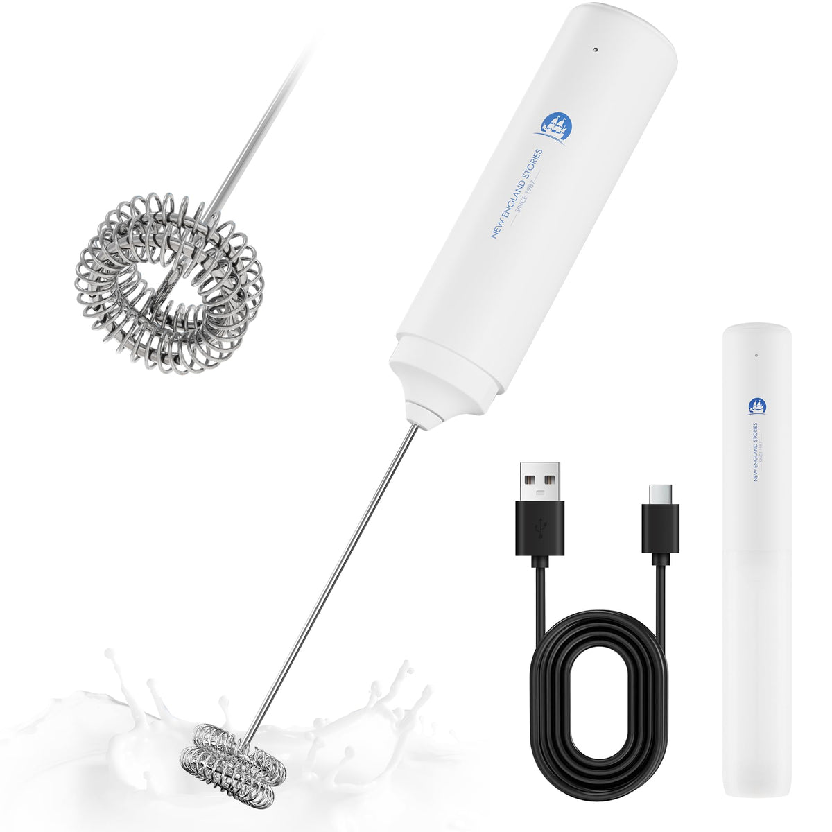 Rechargeable Milk Frother Handheld, 2-IN-1 Dual Spring Whisk Electric Frother Wand for Cappuccino Latte Macchiato, Portable Drink Mixer for Coffee, Matcha, Hot Chocolate