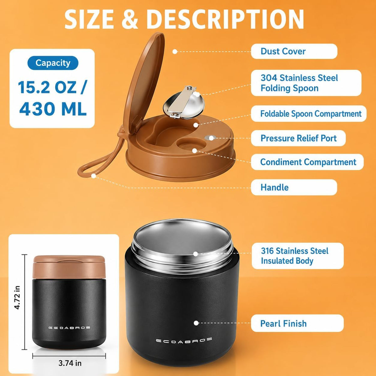 15.2 oz Kids Thermo Food Jar for Hot Food & Soup, Folding Spoon, Blue
