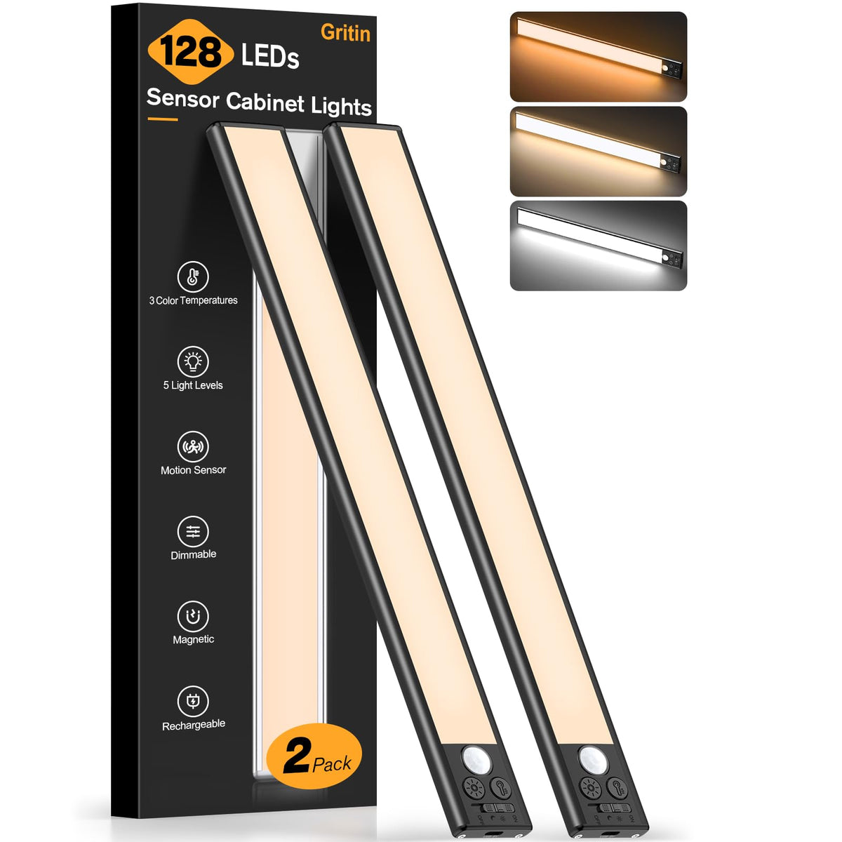 Gritin 10.2inch Under Cabinet Lighting Rechargeable 2 Pack