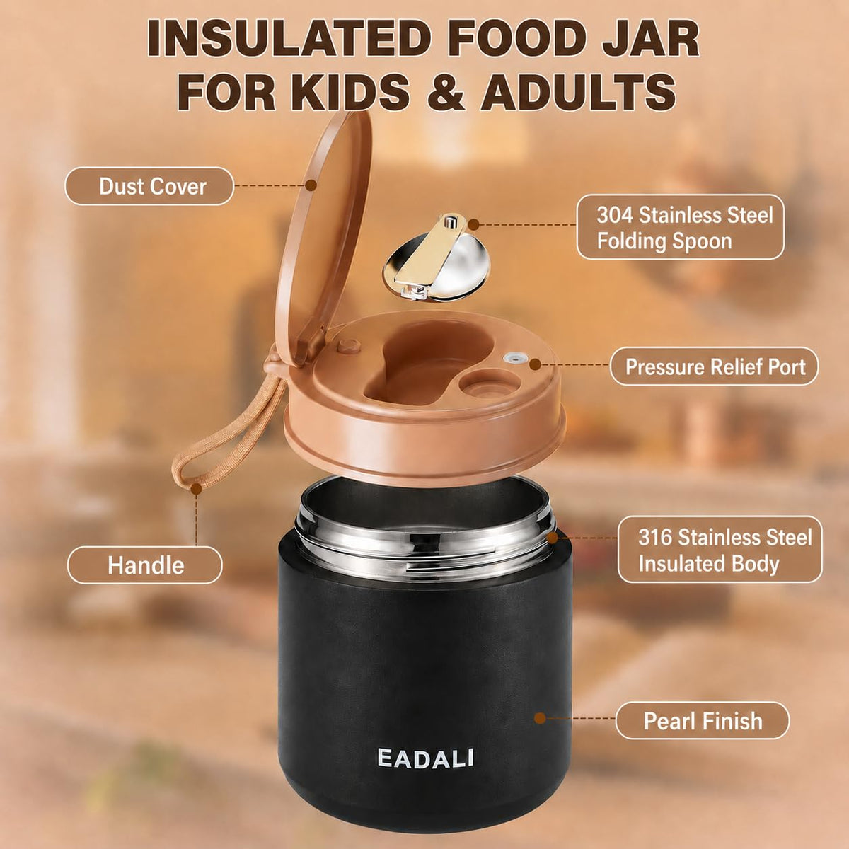 Eadali 15.2oz Kids Food Jar for Hot Food – Vacuum Insulated Lunch Container with 316 Stainless Steel Interior, Leakproof Wide Mouth & Foldable Spoon for School Meals