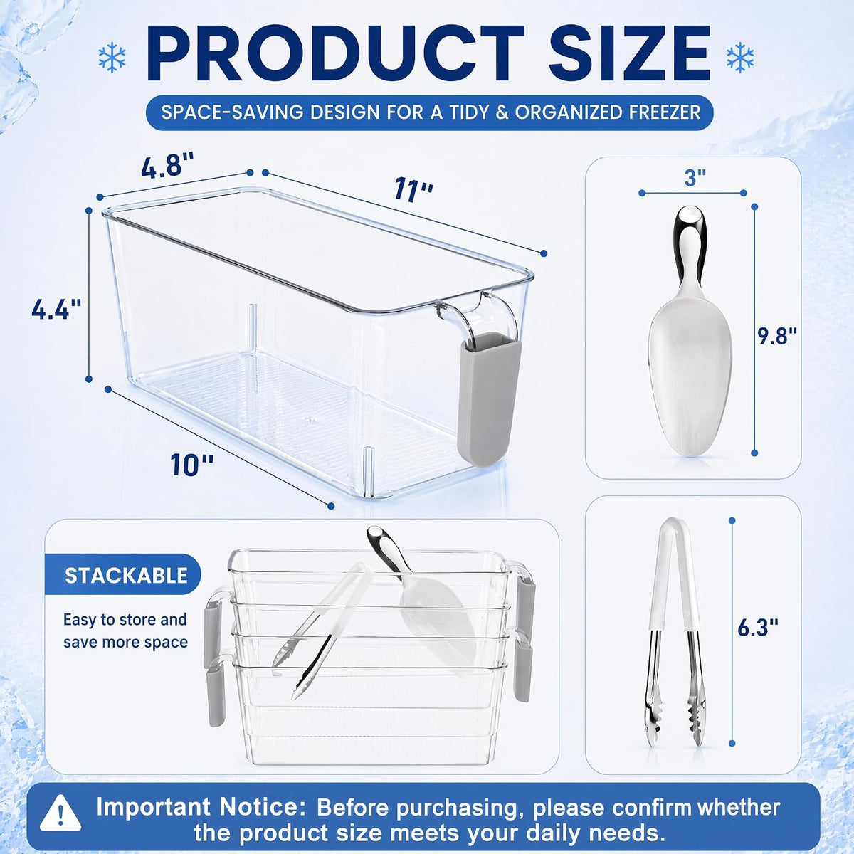 4 Pack Clear Ice Bins for Freezer, Plastic Ice Bucket with Flexible Scoop & Ice Tong, Pull Out Handle Ice Container, Kitchen Food Storage Organizer, Pantry Canister for Wine Beverage Fruit