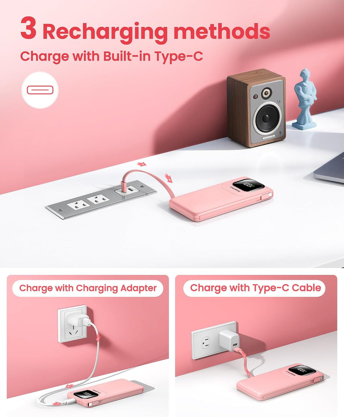 Portable Charger Power Bank with Built-In Cables Fast Charging
