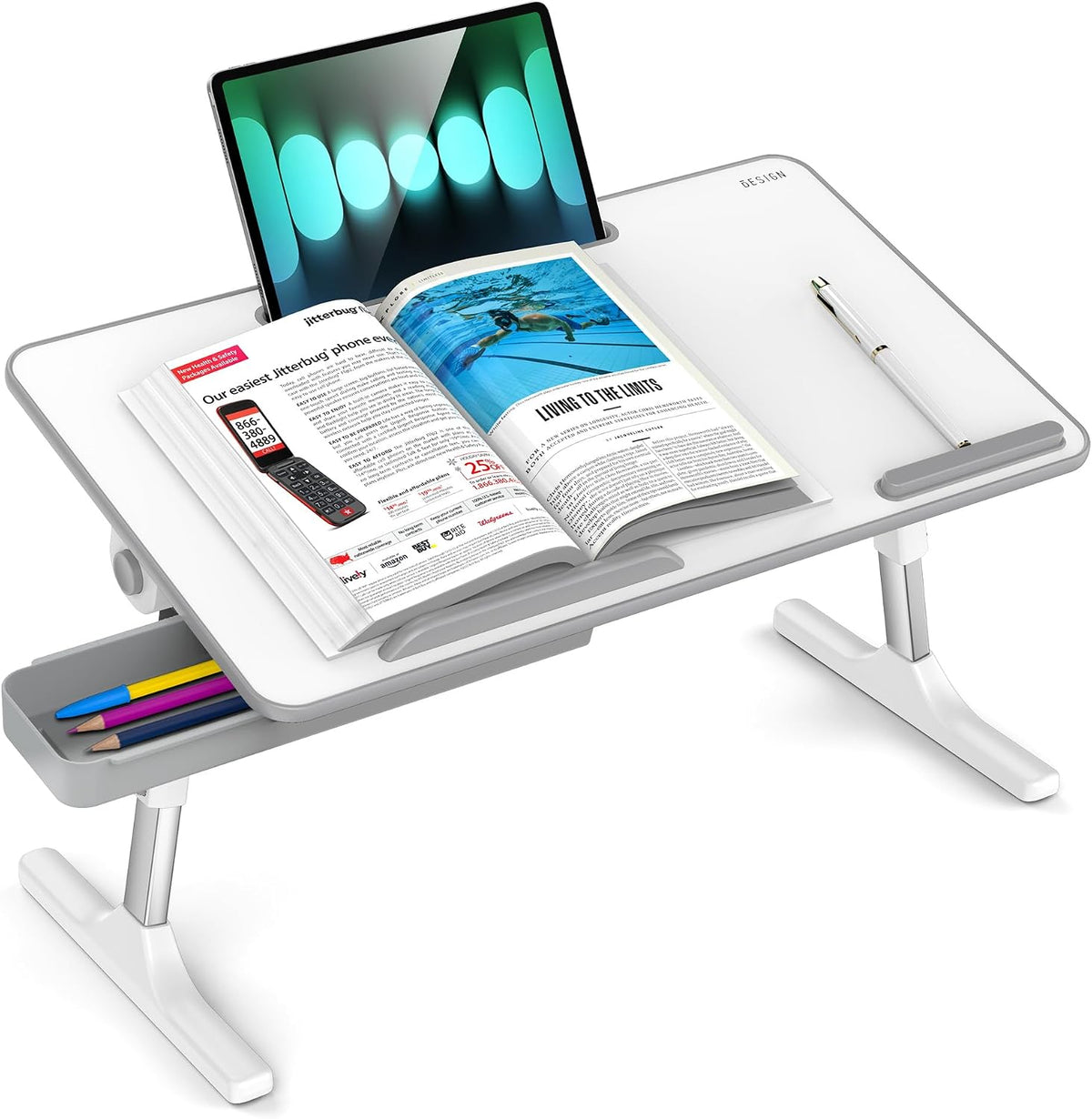 LT05 Adjustable Laptop Table, Lap Desk, Portable Standing Bed Desk, Foldable Sofa Breakfast Tray, Notebook Computer Stand for Reading and Writing, Medium Size, White