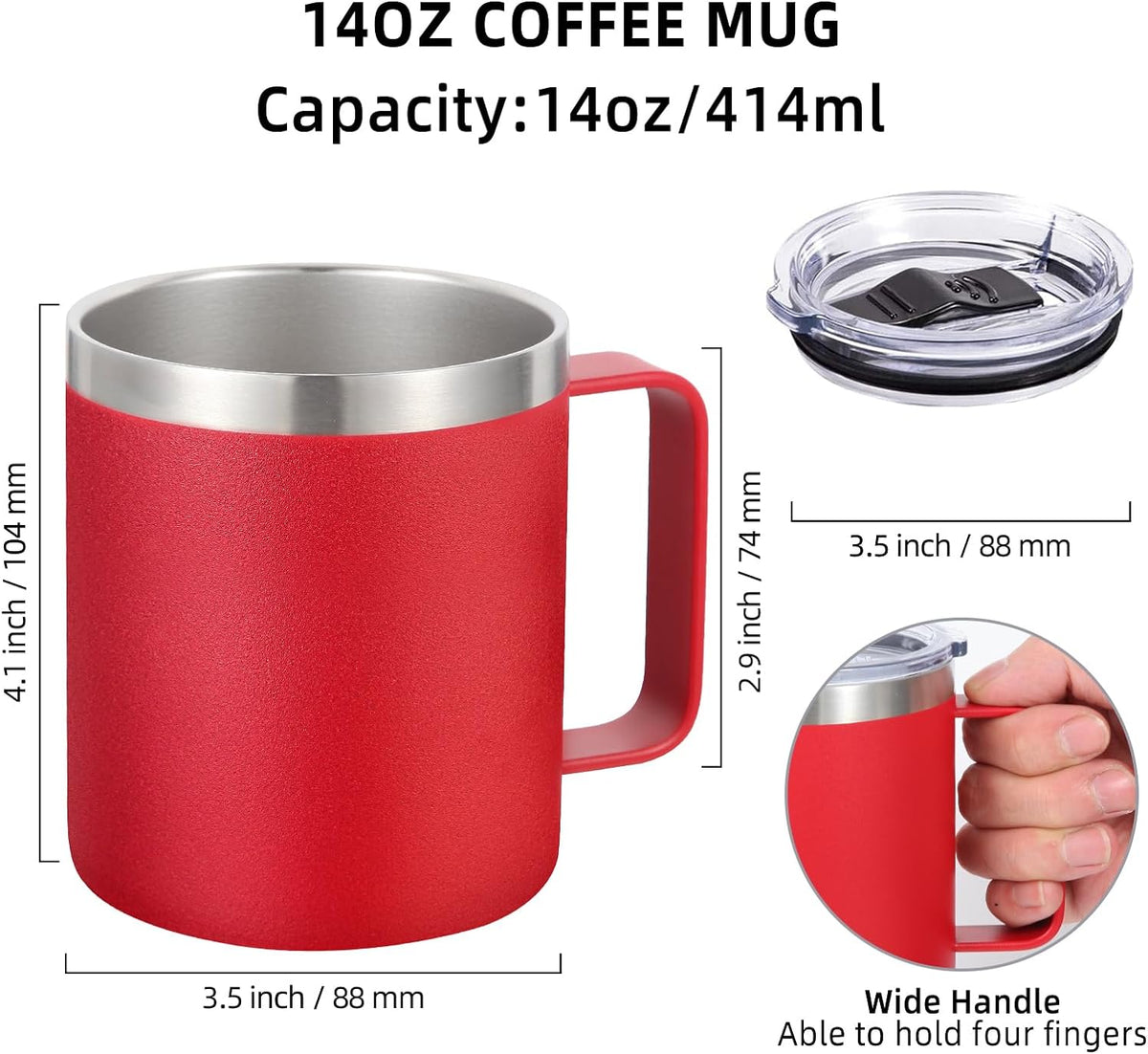14Oz Insulated Stainless Steel Coffee Mug with Leakproof Lid,Double Wall Vacuum Travel Coffee Cup with Handle,Reusable Metal Cups Tumbler,Camping Mugs Keep Hot&Cold,Ideal Gifts(Red,1)