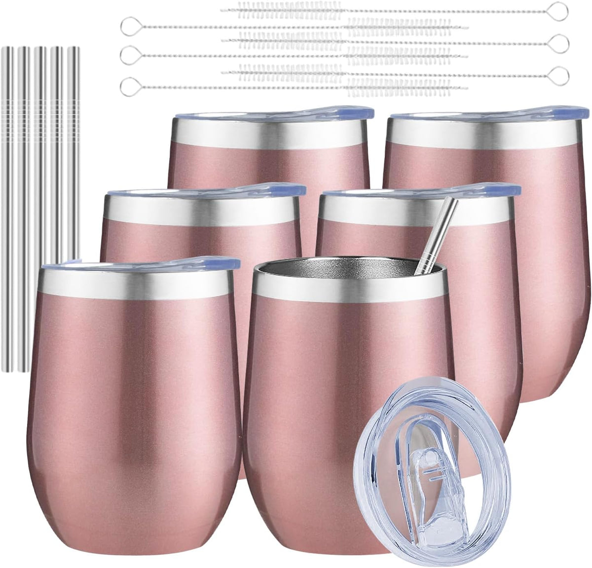 12Oz Insulated Wine Tumbler with Lid Wine Glass(Rose Gold,6 Pack)