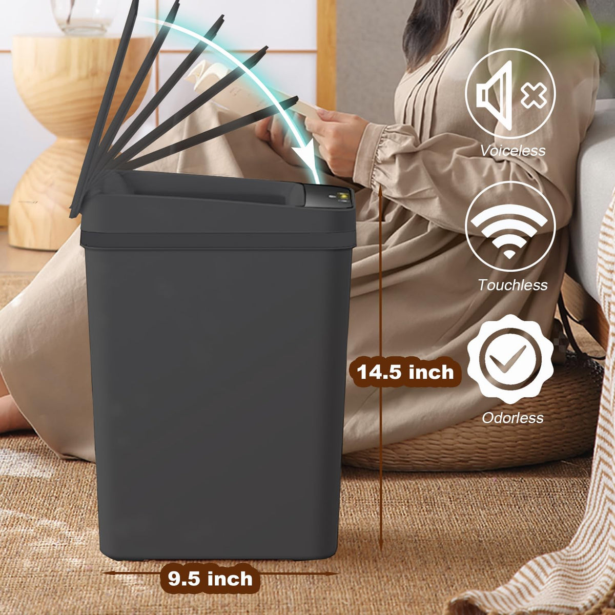 Touchless Bathroom Trash Can - 2.5 Gallon Smart Trash Can Sensor Motion