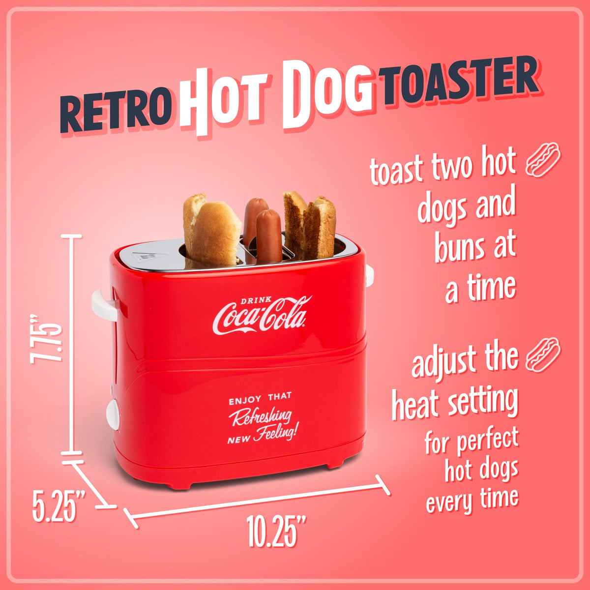 Nostalgia 2 Slot Hot Dog and Bun Toaster with Mini Tongs, Retro Hot Dog Toaster, Hot Dog Cooker that Works with Chicken, Turkey, Veggie Links, Sausages and Brats, Metallic Red