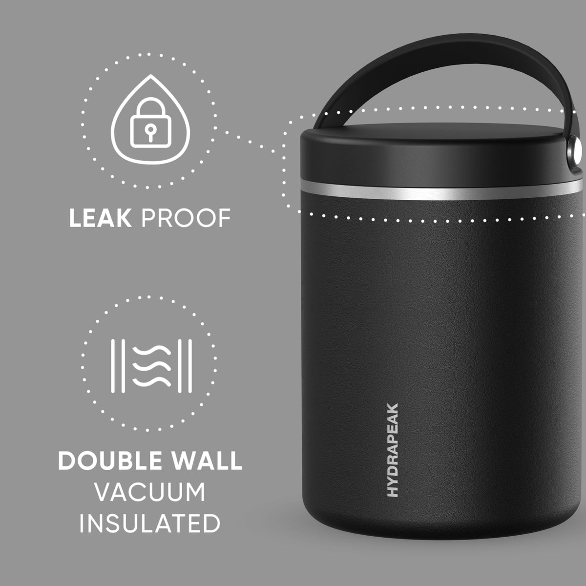 Hydrapeak 25oz Stainless Steel Vacuum Insulated Food Jar for Hot Food and Cold Food, Wide Mouth Leak-Proof Soup Jar for Adults, 10 Hours Hot and 16 Hours Cold (Black)