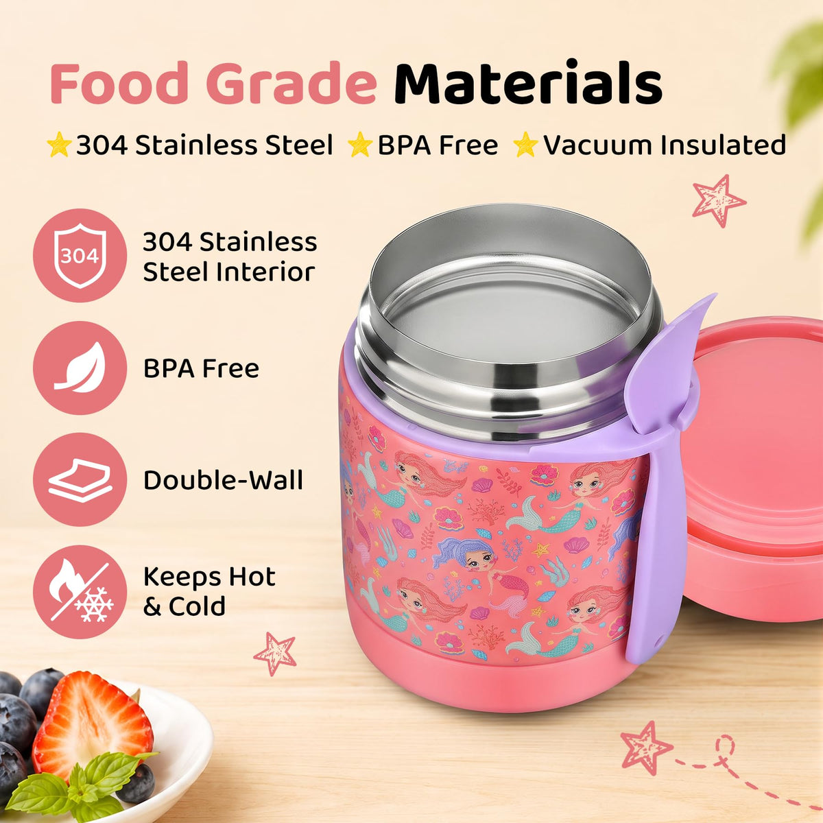 10oz Soup Thermo for Hot Food Kids Insulated Food Jar,Thermo Hot Food Lunch Container, Width Mouth Stainless Steel Lunch Box for Kids with Spoon (Black)