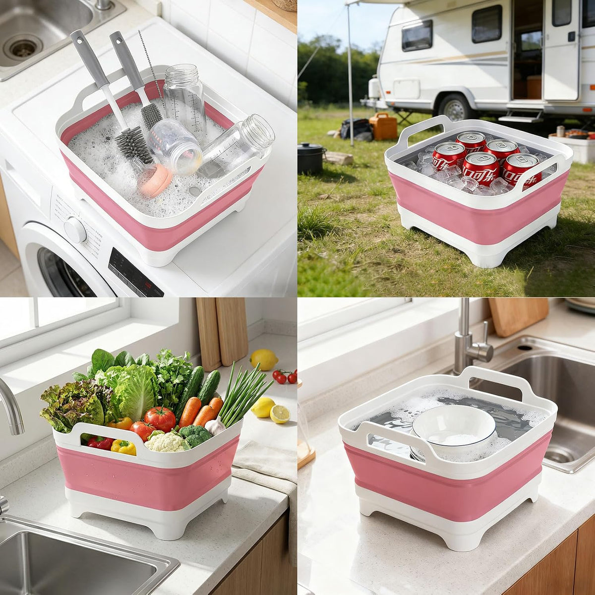 Collapsible Wash Basin with Drying Rack & Drain Plug (Pink)