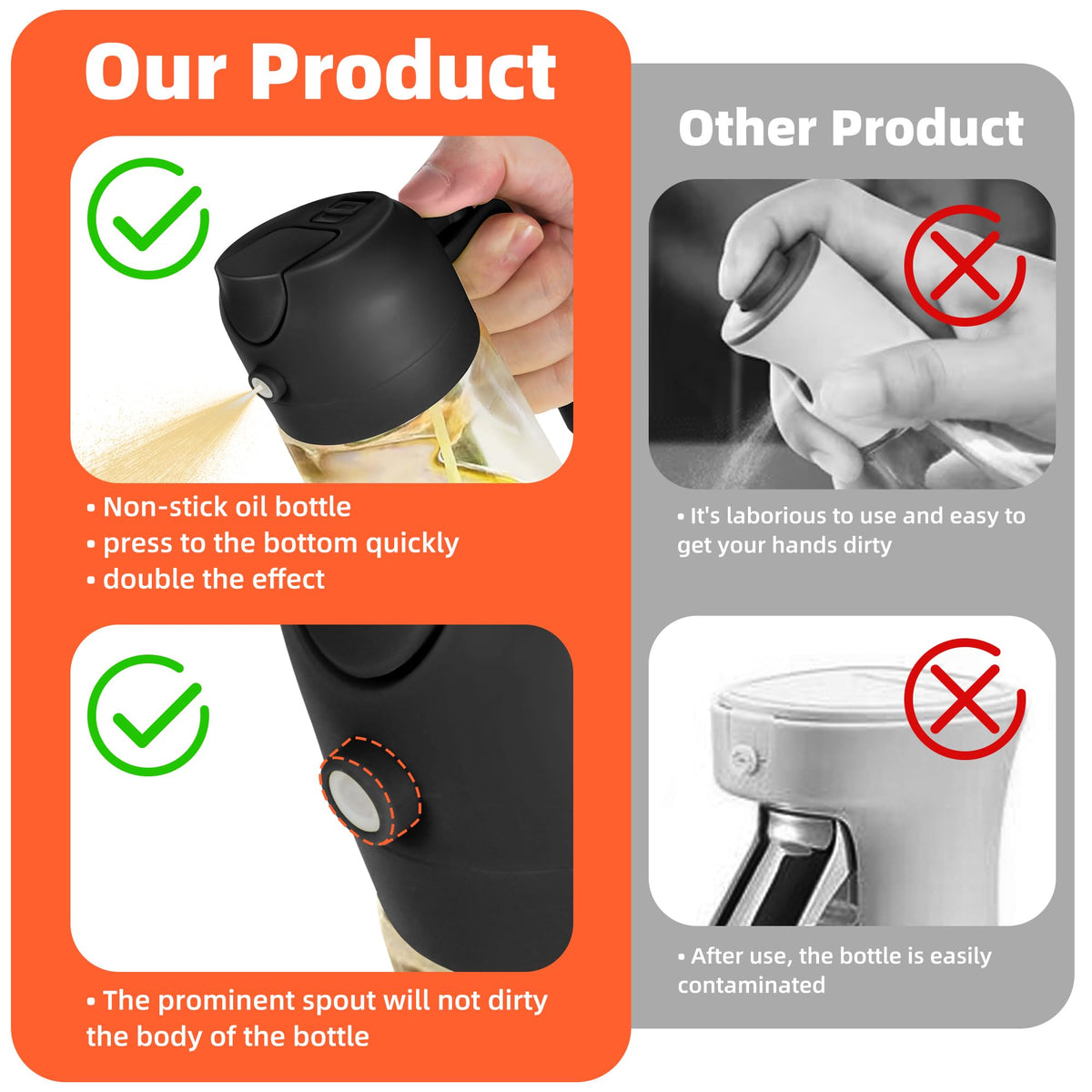 TrendPlain 16oz/470ml Glass Olive Oil Sprayer for Cooking – 2 in 1 Olive Oil Dispenser Bottle for Kitchen Gadgets and Air Fryer Accessories, Salad, BBQ - Black