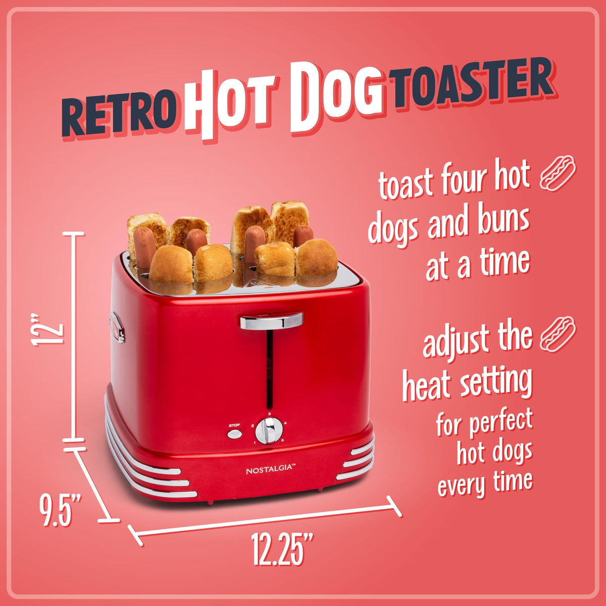 Nostalgia 2 Slot Hot Dog and Bun Toaster with Mini Tongs, Retro Hot Dog Toaster, Hot Dog Cooker that Works with Chicken, Turkey, Veggie Links, Sausages and Brats, Metallic Red