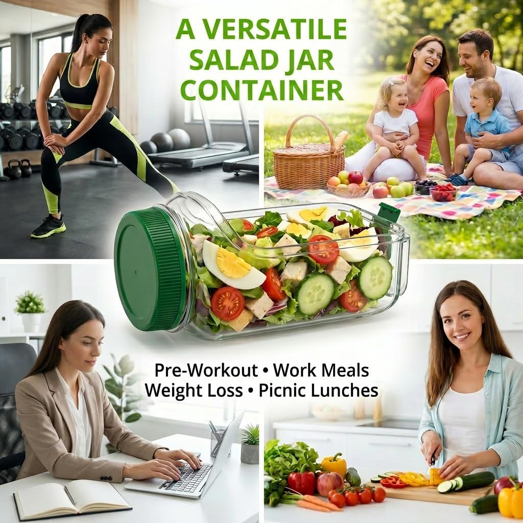 Large Salad Jar with Side Opening, 35oz Leakproof Salad Pod with Dressing Cup, Portable BPA-Free Container for On-the-Go Meal Prep,Office, Gym & Camping, Easy to Clean & Dishwasher Safe