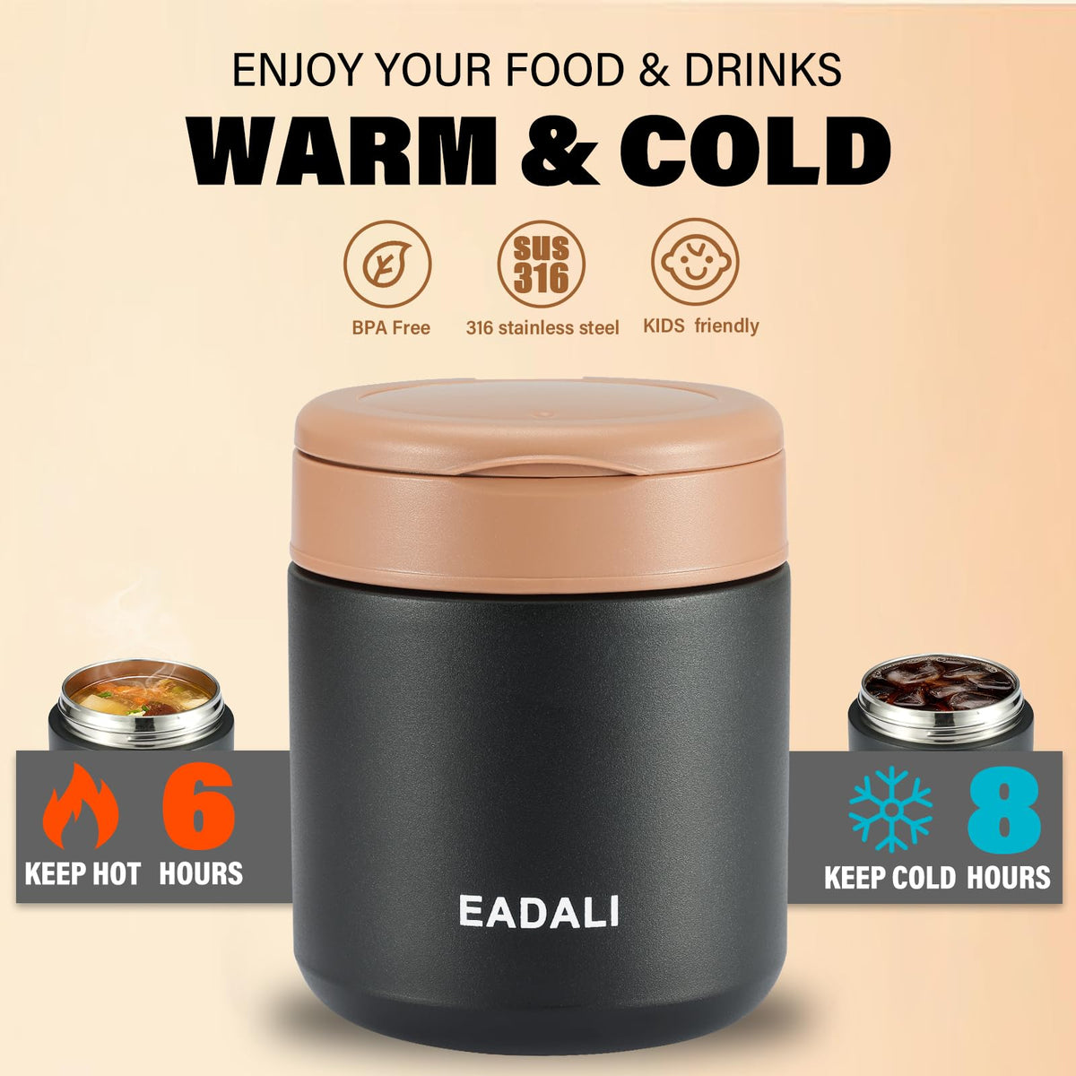 Eadali 15.2oz Kids Food Jar for Hot Food – Vacuum Insulated Lunch Container with 316 Stainless Steel Interior, Leakproof Wide Mouth & Foldable Spoon for School Meals