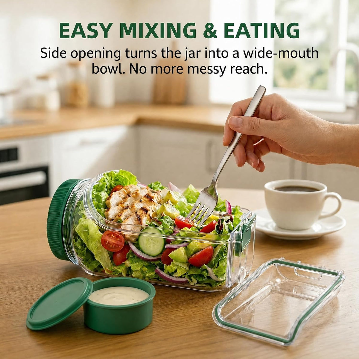 Large Salad Jar with Side Opening, 35oz Leakproof Salad Pod with Dressing Cup, Portable BPA-Free Container for On-the-Go Meal Prep,Office, Gym & Camping, Easy to Clean & Dishwasher Safe