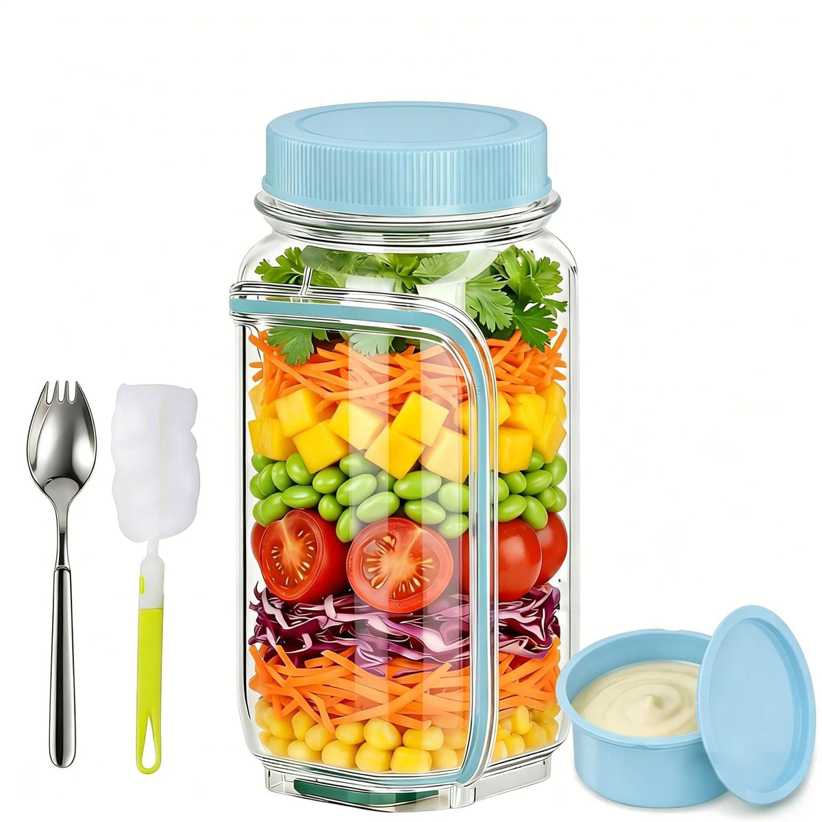 35oz Side Opening Mason Salad Jar | 1000ml Leakproof Portable Salad Container with Dressing Cup, Spoon & Brush | Ideal for Meal Prep, Gym, Office, Picnic & Travel (Red-Orange)