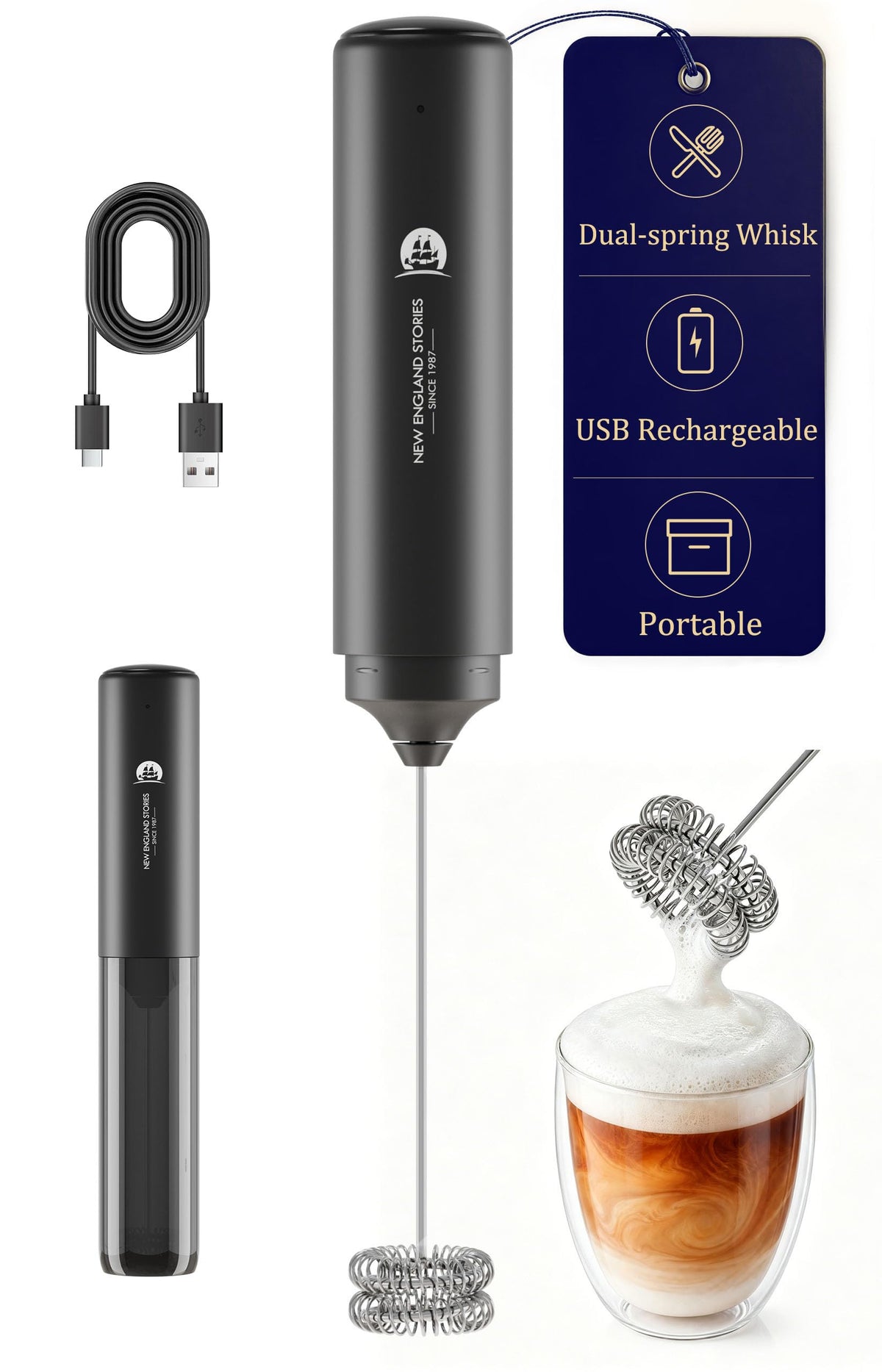 Rechargeable Milk Frother Handheld, 2-IN-1 Dual Spring Whisk Electric Frother Wand for Cappuccino Latte Macchiato, Portable Drink Mixer for Coffee, Matcha, Hot Chocolate