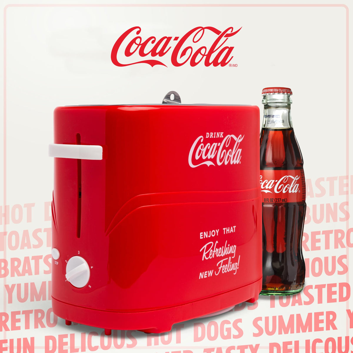 Nostalgia 2 Slot Hot Dog and Bun Toaster with Mini Tongs, Retro Hot Dog Toaster, Hot Dog Cooker that Works with Chicken, Turkey, Veggie Links, Sausages and Brats, Metallic Red