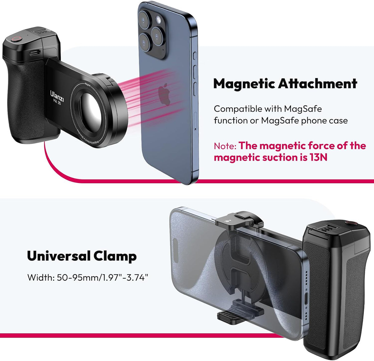 ULANZI MA35 Selfie Phone Tripod Mount, 2-in-1 Magnetic &Phone Clip Grip