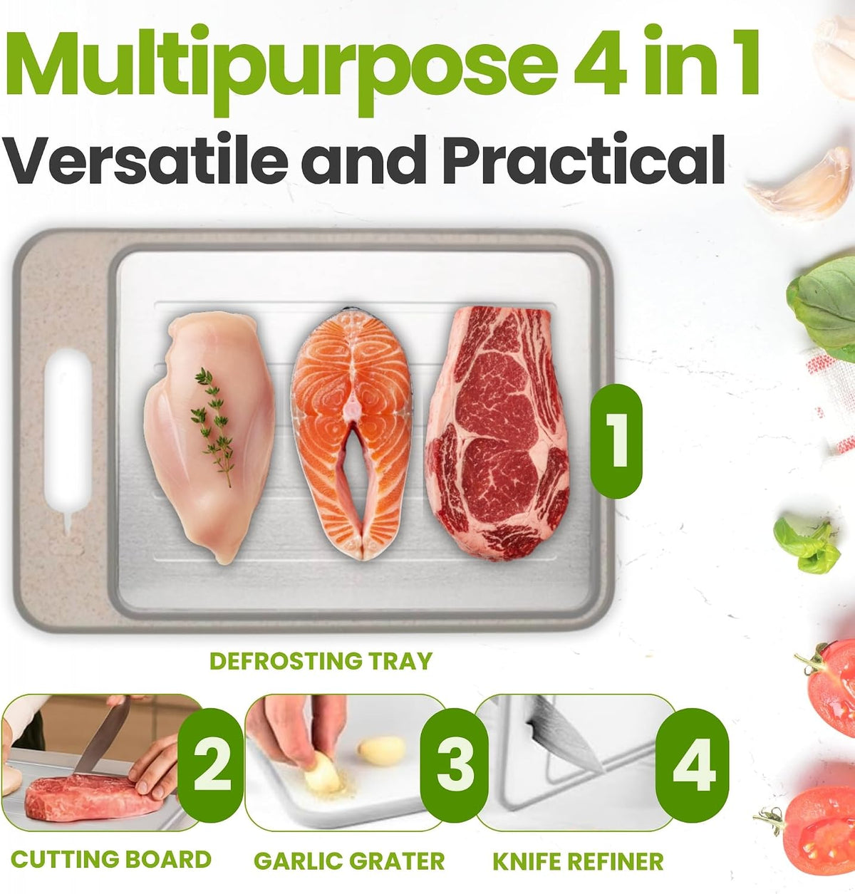 4-in-1 Defrosting Tray for Frozen Meat, Thawing Plate with Cutting Board