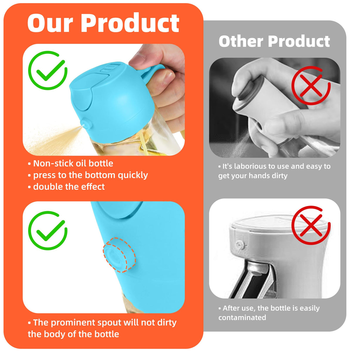 TrendPlain 16oz/470ml Glass Olive Oil Sprayer for Cooking – 2 in 1 Olive Oil Dispenser Bottle for Kitchen Gadgets and Air Fryer Accessories, Salad, BBQ - Black
