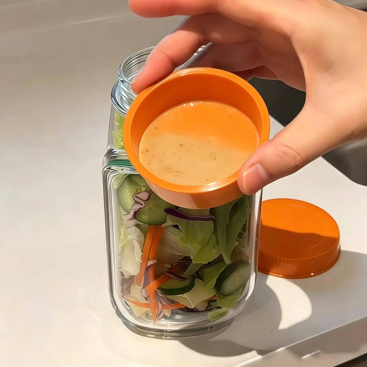 35oz Side Opening Mason Salad Jar | 1000ml Leakproof Portable Salad Container with Dressing Cup, Spoon & Brush | Ideal for Meal Prep, Gym, Office, Picnic & Travel (Red-Orange)