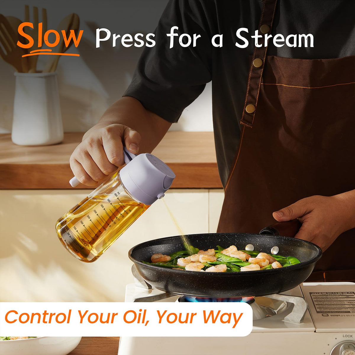 TrendPlain 16oz/470ml Glass Olive Oil Sprayer for Cooking – 2 in 1 Olive Oil Dispenser Bottle for Kitchen Gadgets and Air Fryer Accessories, Salad, BBQ - Black