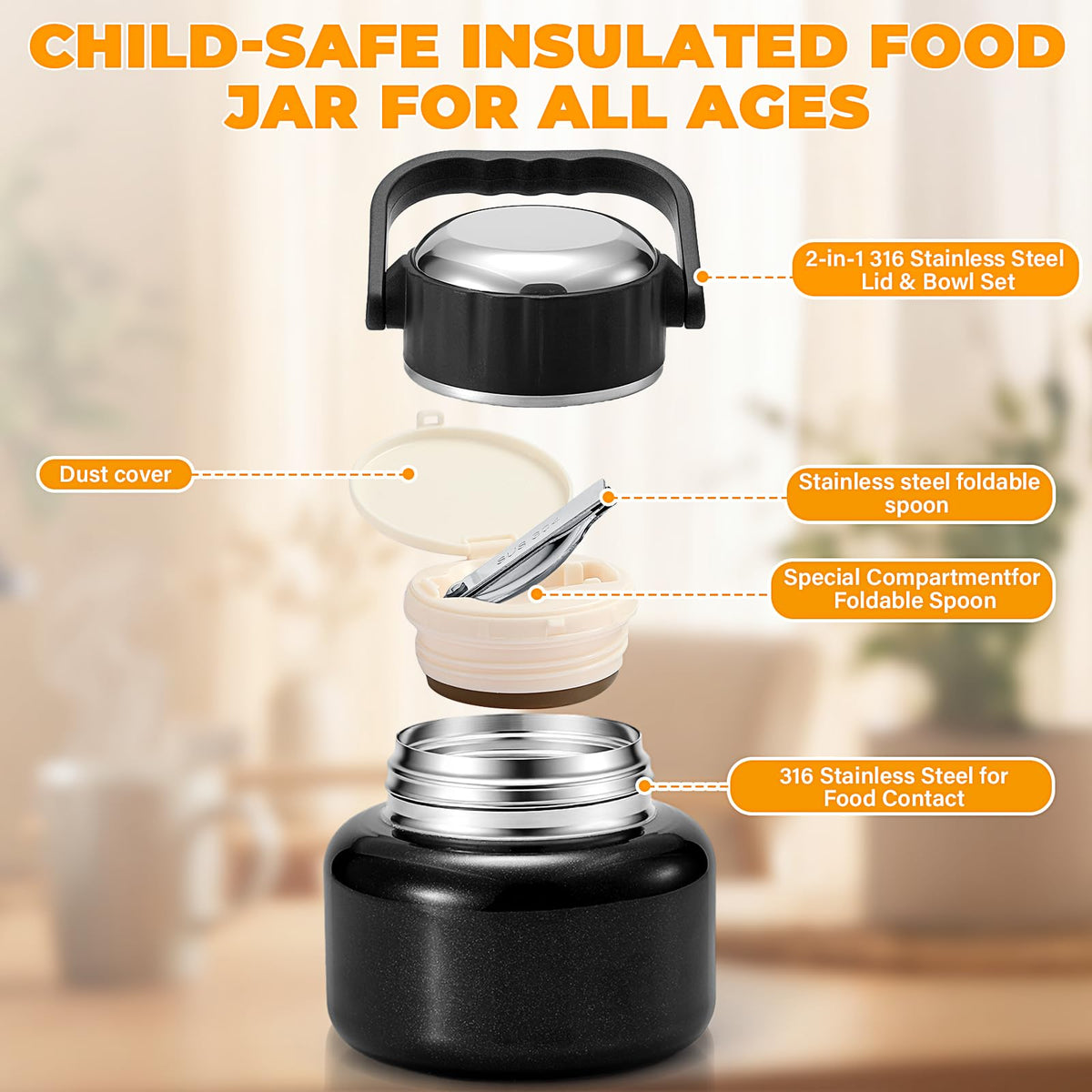 15.2 oz Kids Thermo Food Jar for Hot Food & Soup, Folding Spoon, Blue