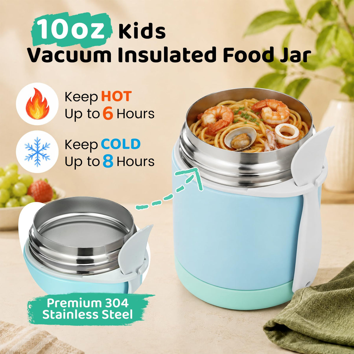 10oz Soup Thermo for Hot Food Kids Insulated Food Jar,Thermo Hot Food Lunch Container, Width Mouth Stainless Steel Lunch Box for Kids with Spoon (Black)