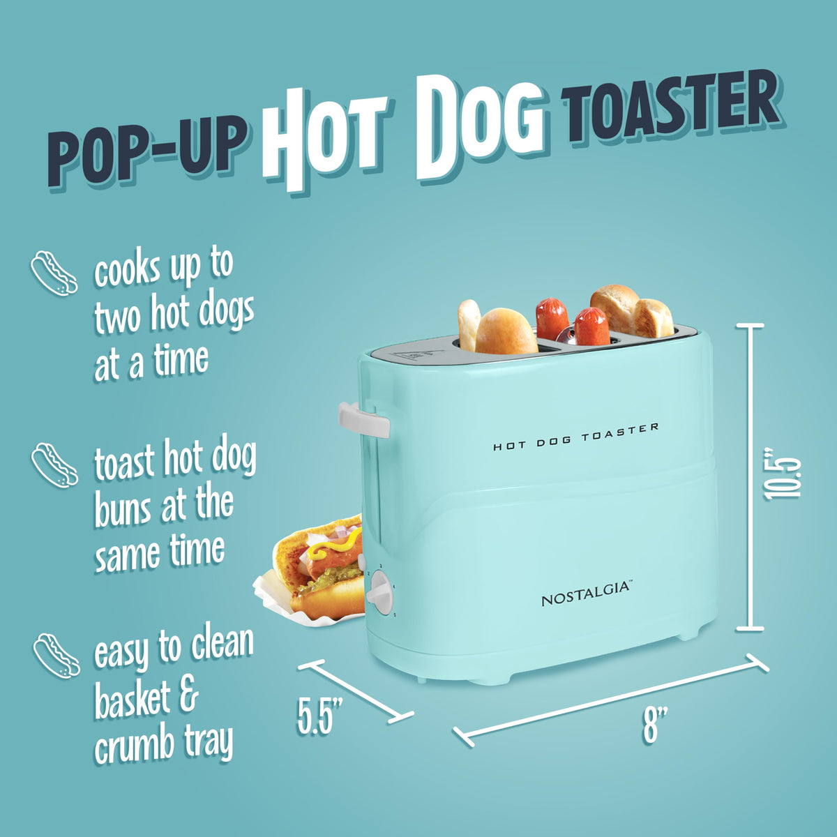 Nostalgia 2 Slot Hot Dog and Bun Toaster with Mini Tongs, Retro Hot Dog Toaster, Hot Dog Cooker that Works with Chicken, Turkey, Veggie Links, Sausages and Brats, Metallic Red