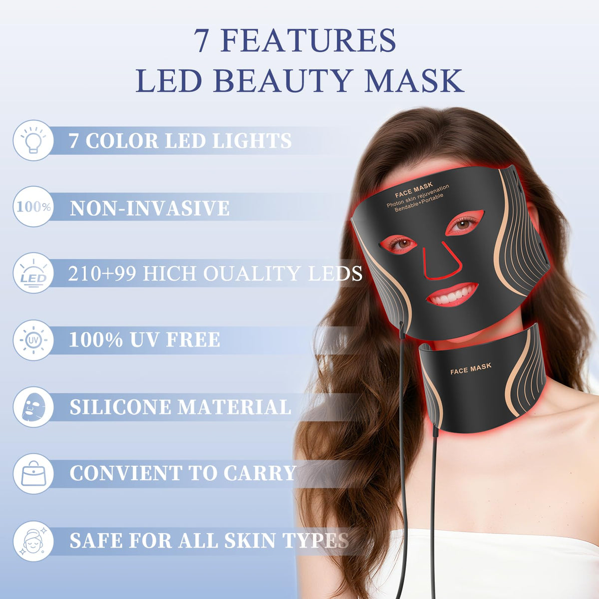 FDA-Cleared LED Light Therapy Mask, 7-Color Red Light Therapy for Face Anti-Aging, Wrinkle Reduction & Acne, Rechargeable Soft Silicone Home Skincare Device