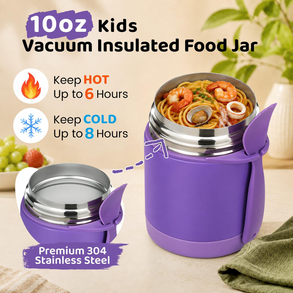10oz Soup Thermo for Hot Food Kids Insulated Food Jar,Thermo Hot Food Lunch Container, Width Mouth Stainless Steel Lunch Box for Kids with Spoon (Black)