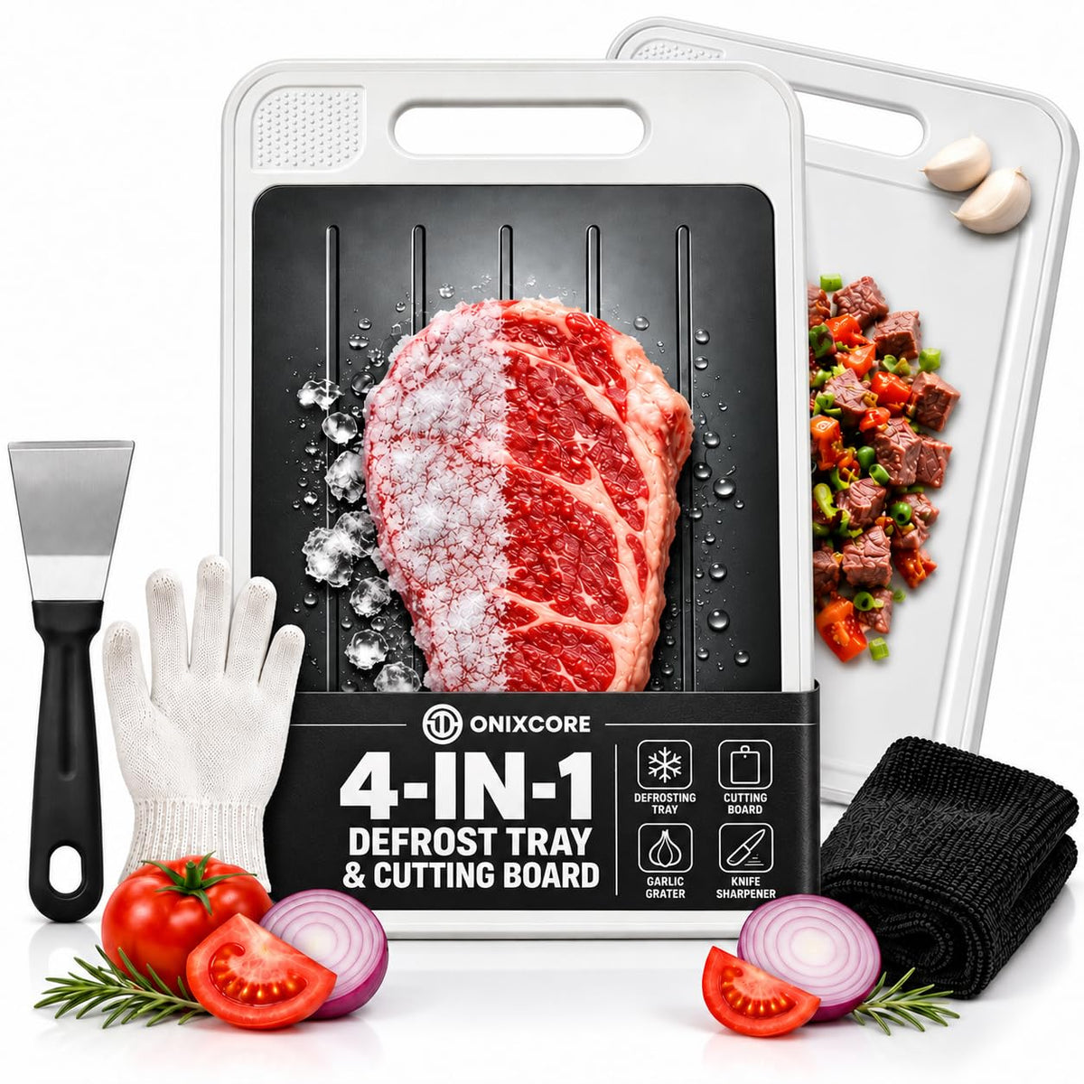 4-in-1 Defrosting Tray for Frozen Meat, Thawing Plate with Cutting Board