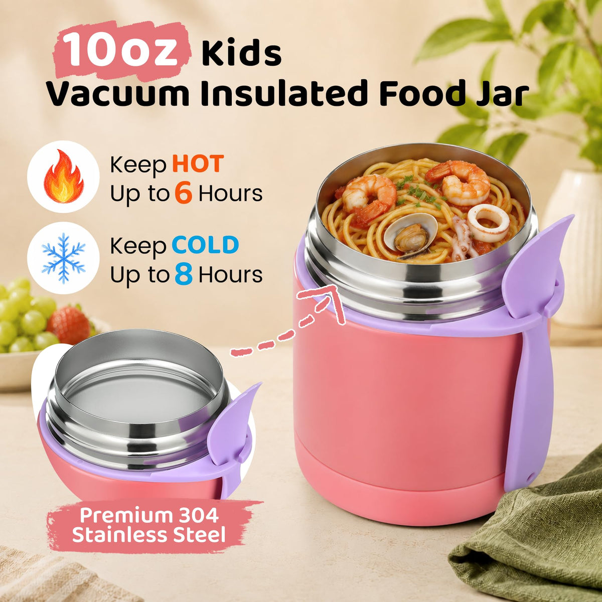 10oz Soup Thermo for Hot Food Kids Insulated Food Jar,Thermo Hot Food Lunch Container, Width Mouth Stainless Steel Lunch Box for Kids with Spoon (Black)