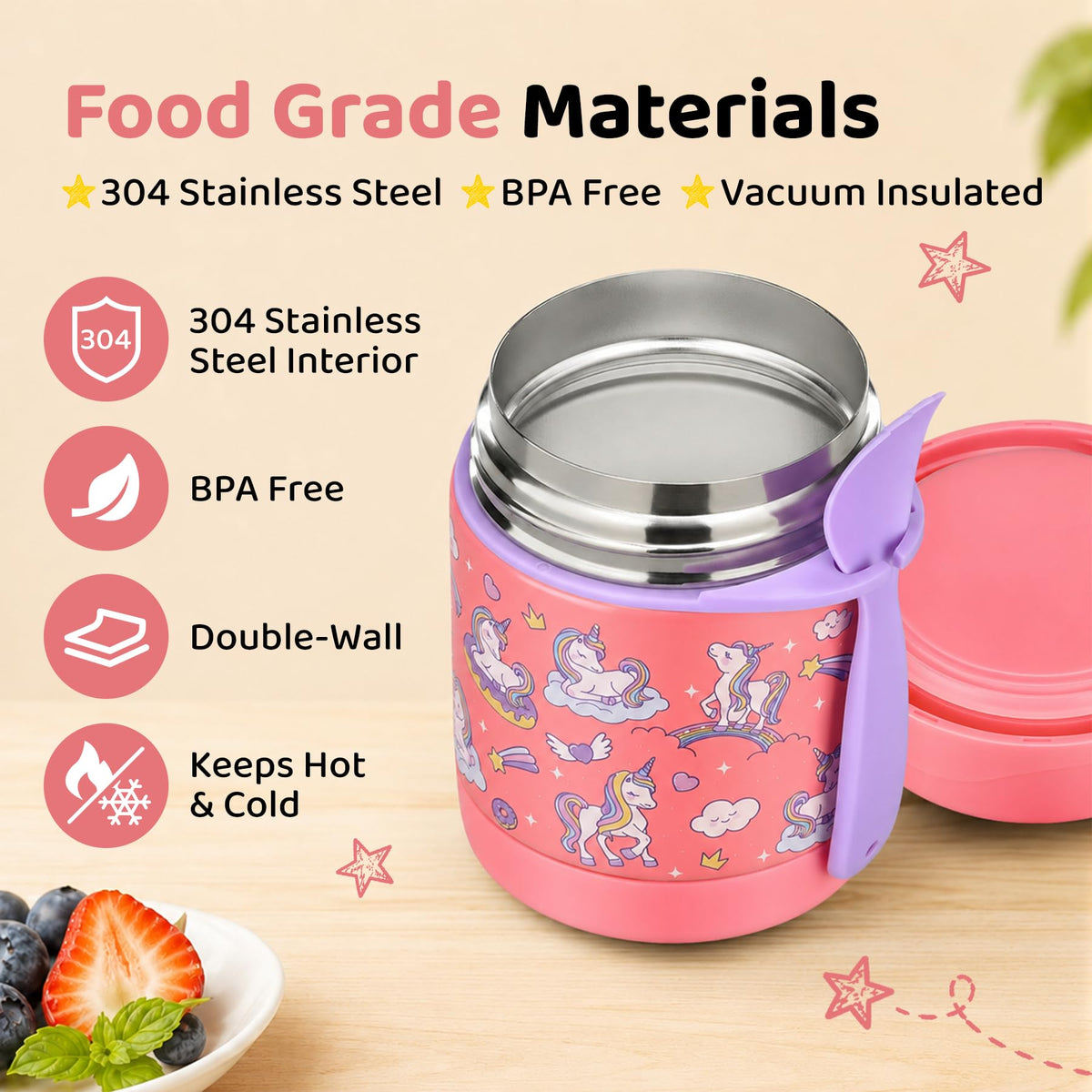 10oz Soup Thermo for Hot Food Kids Insulated Food Jar,Thermo Hot Food Lunch Container, Width Mouth Stainless Steel Lunch Box for Kids with Spoon (Black)