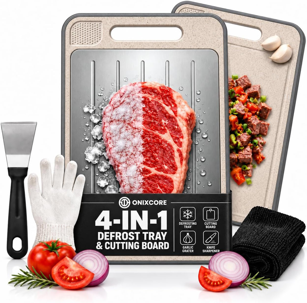4-in-1 Defrosting Tray for Frozen Meat, Thawing Plate with Cutting Board
