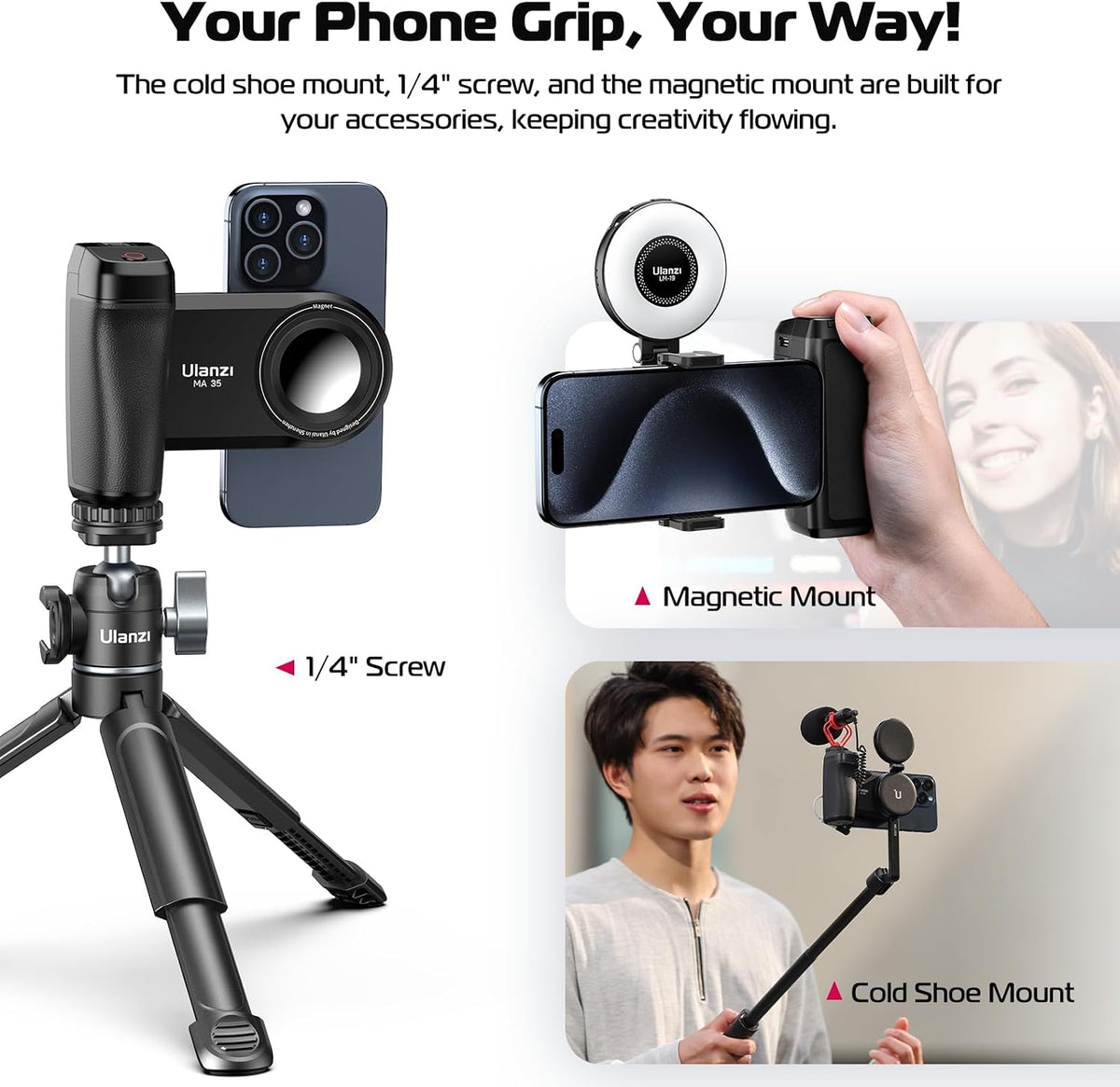 ULANZI MA35 Selfie Phone Tripod Mount, 2-in-1 Magnetic &Phone Clip Grip