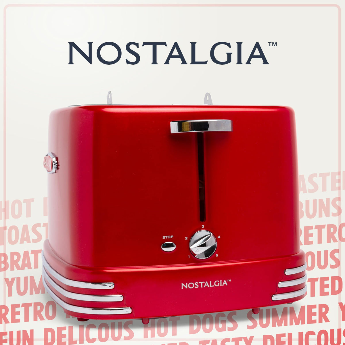 Nostalgia 2 Slot Hot Dog and Bun Toaster with Mini Tongs, Retro Hot Dog Toaster, Hot Dog Cooker that Works with Chicken, Turkey, Veggie Links, Sausages and Brats, Metallic Red