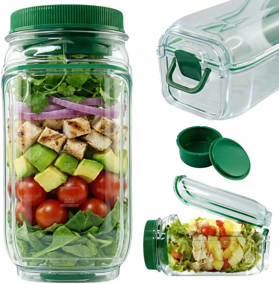 Large Salad Jar with Side Opening, 35oz Leakproof Salad Pod with Dressing Cup, Portable BPA-Free Container for On-the-Go Meal Prep,Office, Gym & Camping, Easy to Clean & Dishwasher Safe
