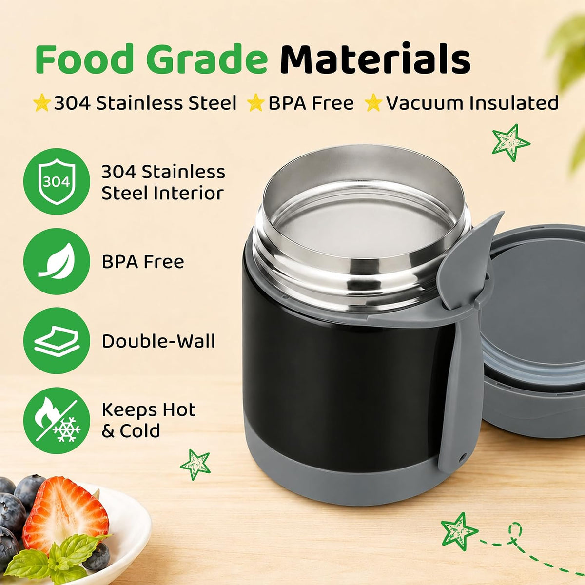 10oz Soup Thermo for Hot Food Kids Insulated Food Jar,Thermo Hot Food Lunch Container, Width Mouth Stainless Steel Lunch Box for Kids with Spoon (Black)